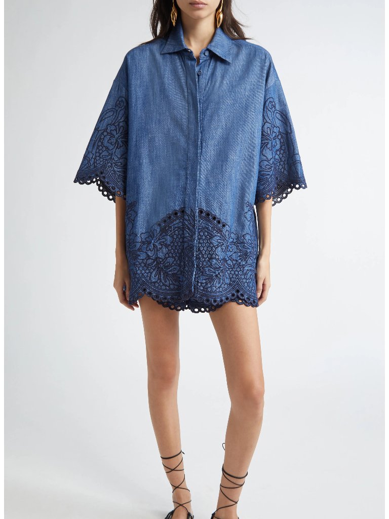 Zimmermann Coco Embroidered Chambray Shirt Railway Blue Au1 / Us4 Nwt $650